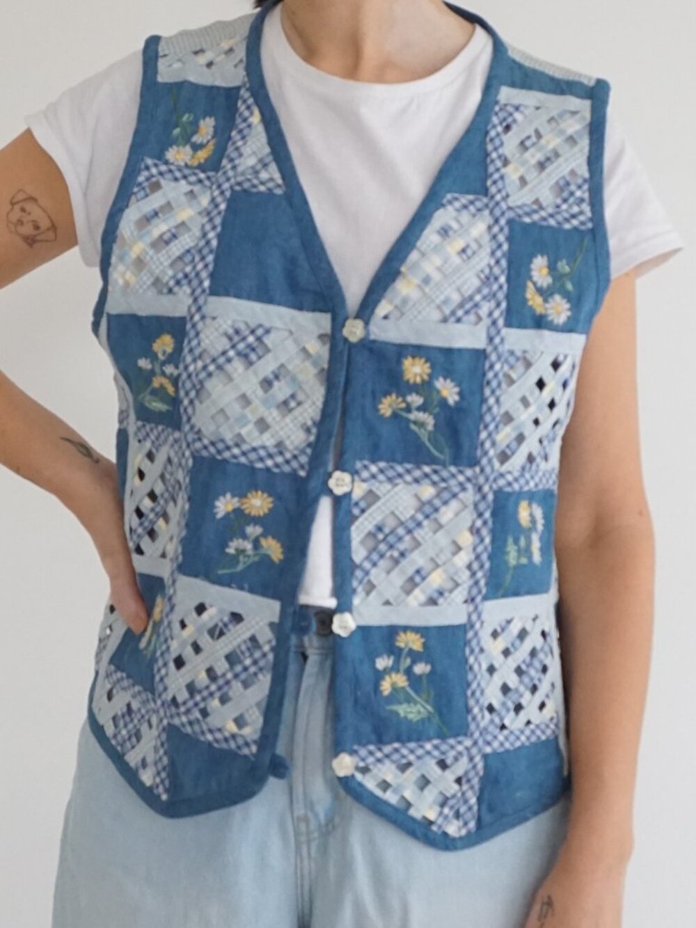 Vintage Casey And Max Blue Floral Patchwork Gingham Button Quilt Vest L